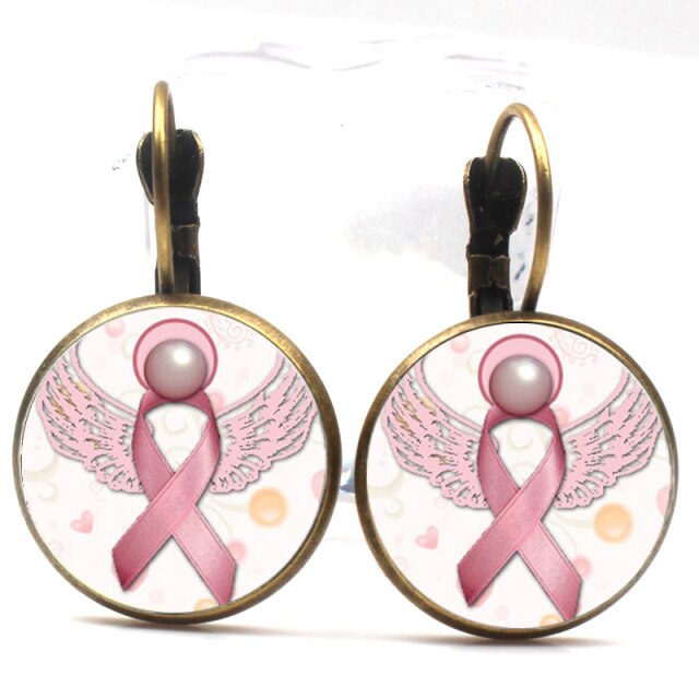 New Love Pink Ribbon Glass Round Ms. Earrings – Forever