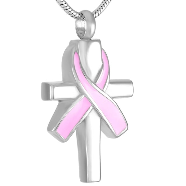 Pink Ribbon With Silver Cross Necklace